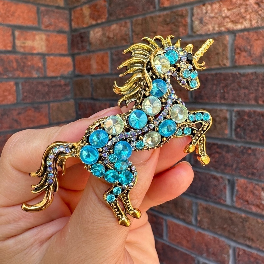 Gold Blue Unicorn Crystal Brooch